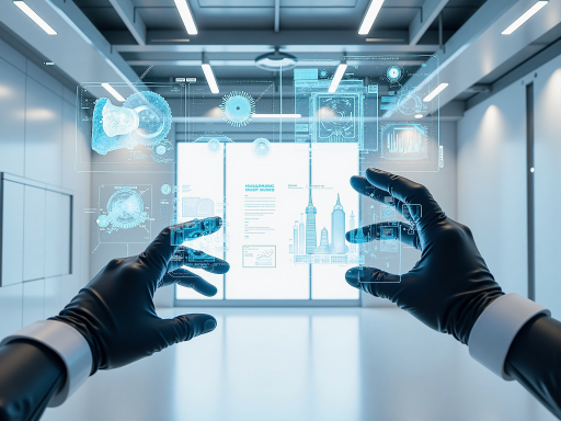 AI技術概念圖，顯示智慧機器人和數據流，藍色科技背景，現代科技風格