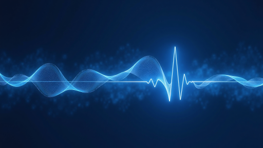 語音識別工具界面截圖,顯示音頻波形和轉錄文字,藍色科技背景,專業語音處理界面